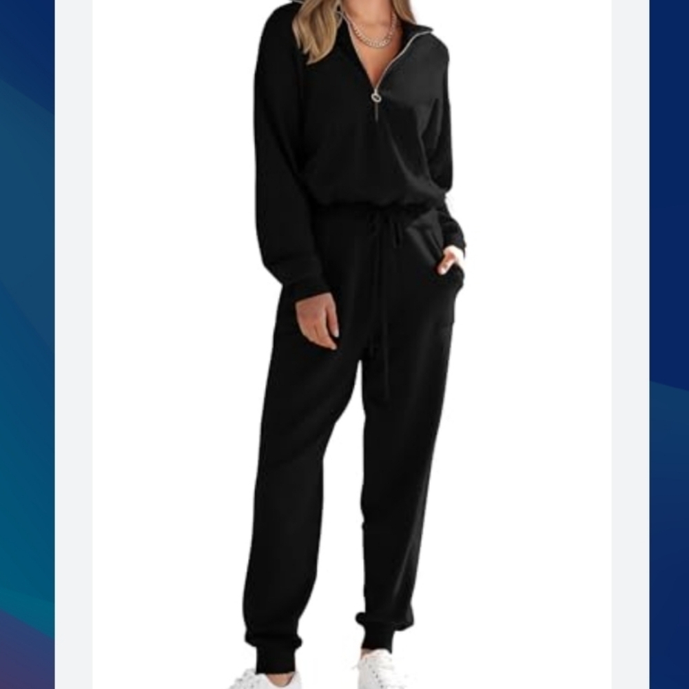 Caracilia (Size M) Black Front Zip Elastic Waist LS Hooded Jumpsuit (NEW-NWT)